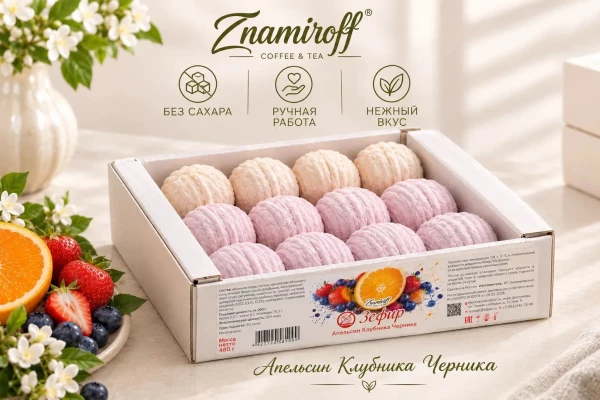 №1 Зефир БЕЗ САХАРА Ассорти №1(Апельсин-Клубника-Черника), 480г в Котласе
